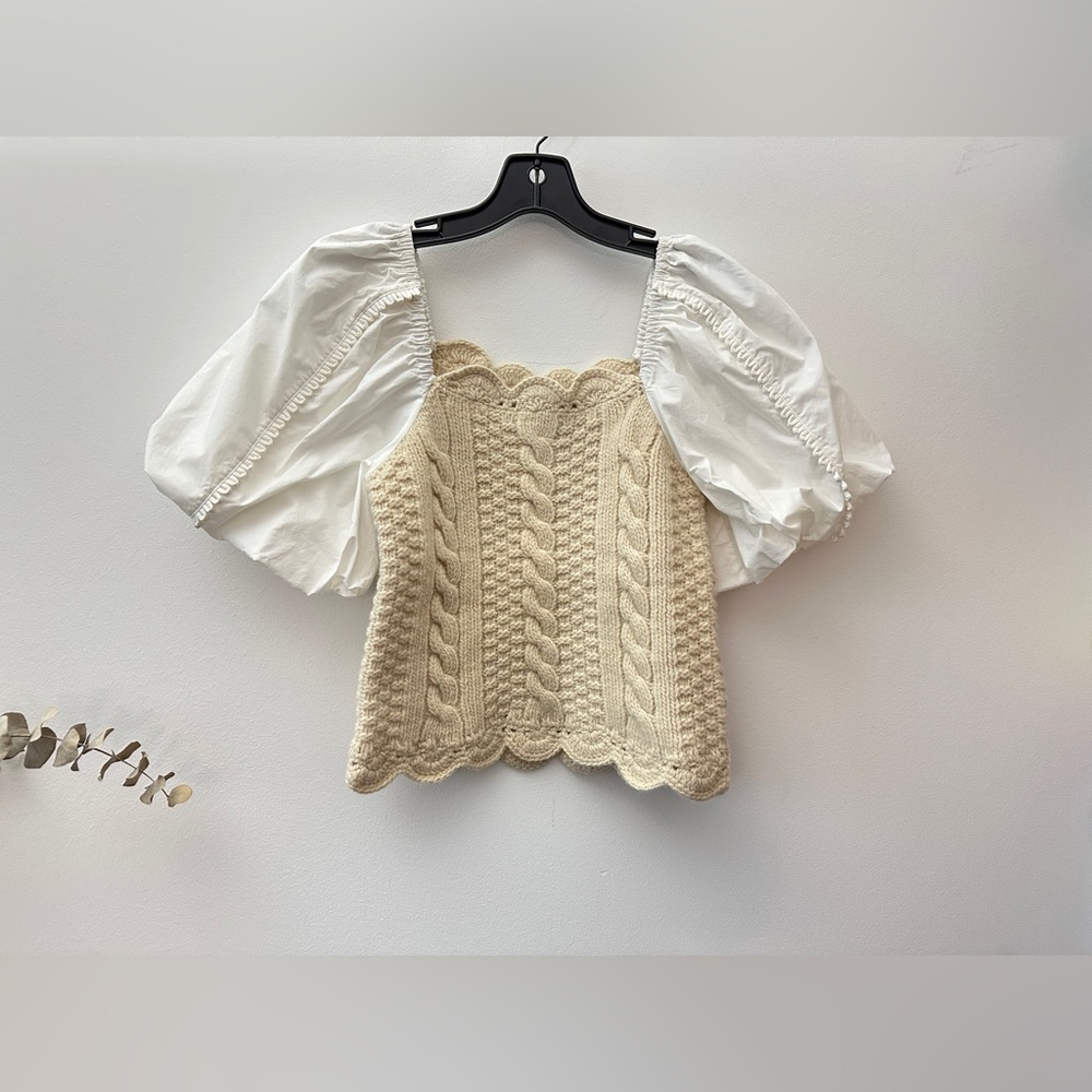 Sea New York Sweater Beige and White Puff Sleeve Crop Top NWT - Picture 6 of 6